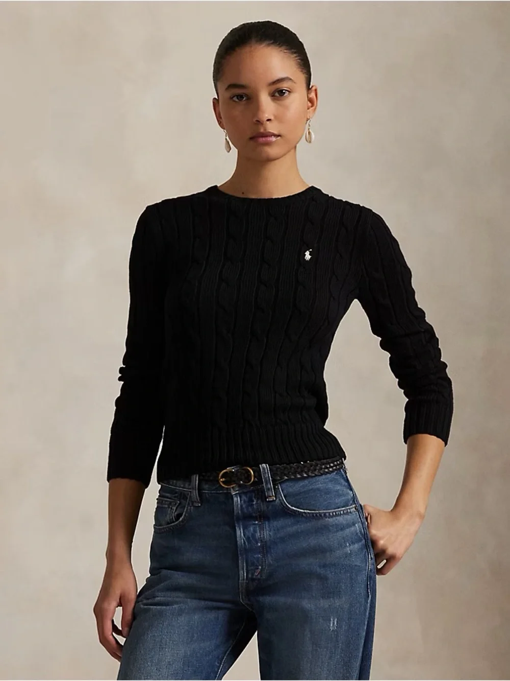 Polo Ralph Lauren Black Cable-Knit Cotton Crewneck Sweater Size Small - Picture 1 of 6